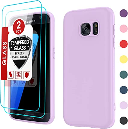 Samsung Galaxy S7 Case, Galaxy S7 Case with 2 Pack Tempered Glass Screen Protector for Women Girls, LeYi Liquid Silicone Slim Silky-Soft Gel Rubber Phone Case for A Samsung Galaxy S7, Purple