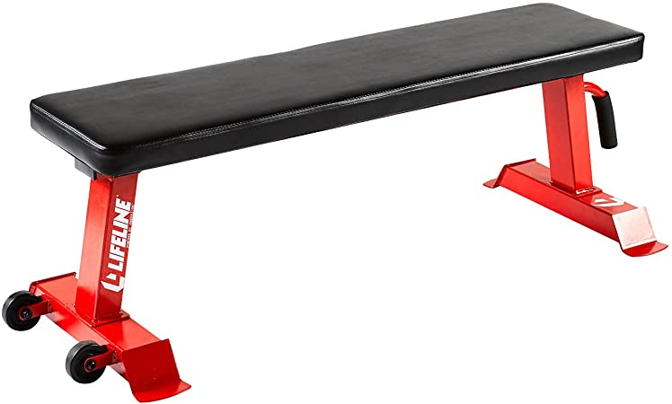 Lifeline Flat Weight Bench Heavy Duty 11-Gauge Steel with Transport Wheels and Handle for Home Gym Workouts