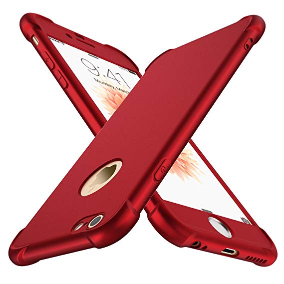 iPhone 6 Case, iPhone 6s Case with [2 Pack Tempered Glass Screen Protector] ORETech 360° Full Body Shockproof iPhone 6/6s Cover Ultra-Thin [Air Cushion] Anti-Scratch Hard PC   Silicone TPU Bumper Rubber iPhone 6 Case - Red