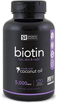 Biotin (High Potency) 5,000mcg Per Veggie Softgel; Enhanced with Coconut Oil For Better Absorption; Supports Hair Growth, Glowing Skin and Strong Nails; 120 Mini-Veggie Softgels; Made In USA.