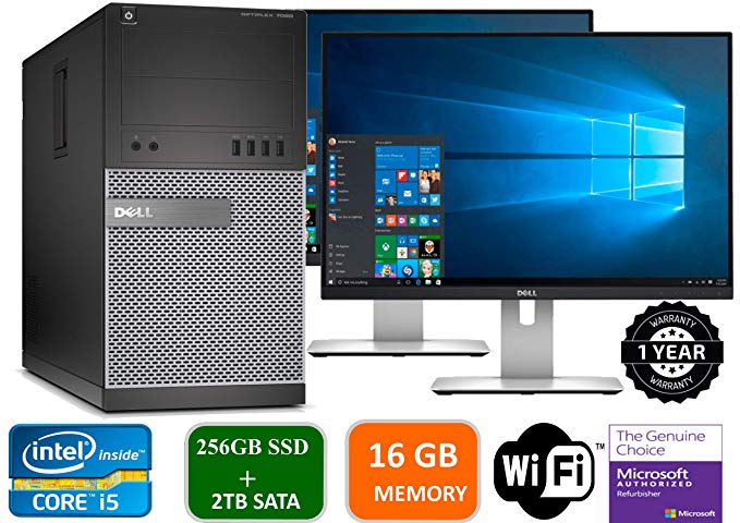 Dell Optiplex 9020 Mini Tower Desktop PC, Intel Core i5-4570, 16GB Ram, 2TB SATA Drive   256GB SSD WiFi, DVD-RW, Dual 19" LCD, Windows 10 Pro (Renewed)