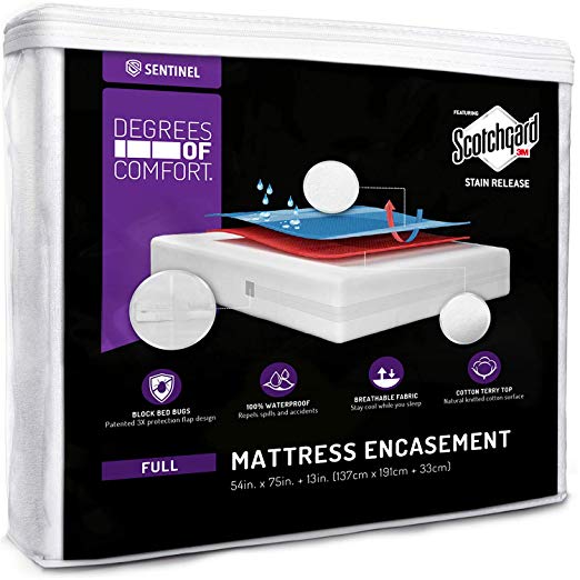 Degrees of Comfort Waterproof Zippered Mattress Encasement – Breathable Bed Bug Mattress Cover with Advance Patented Zipper Flap Design - 3M Scotchgard Stain Release Technology Fits 13-15" Full