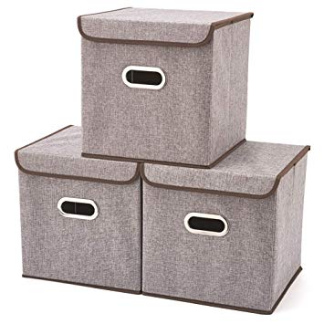 Storage Boxes with Lid [3-Pack] EZOWare Linen Fabric Foldable Basket Cubes Organizer Bin Box Containers Drawers with Lid - Gray for Office Nursery Bedroom Shelf (12.6x12.6x12.6 inch)