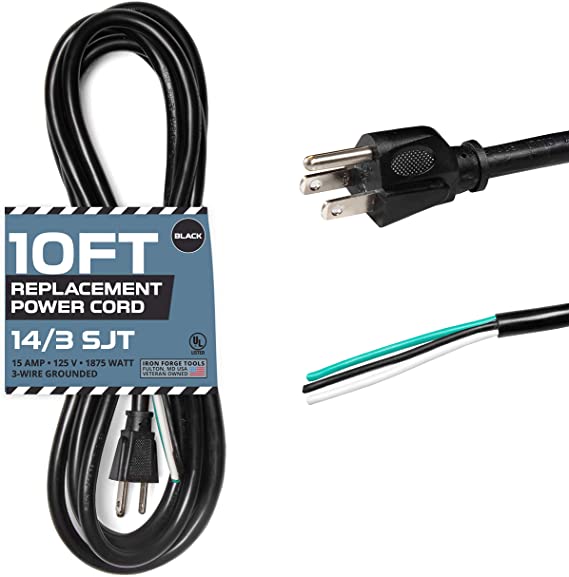 14 AWG Replacement Power Cord with Open End - 10 Ft Black Extension Cable, 14/3 SJT, NEMA 5-15P