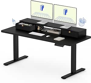 FLEXISPOT Electric Standing Desk with Drawer, Solid One-Piece Adjustable Height Desk with Storage Shelf, Ergonomic Monitor Stand for Computer Laptop (Black Frame/Black Top, 55 inch)