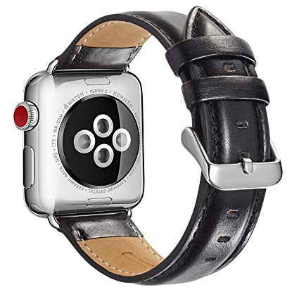 Compatable Apple Watch Band 40mm 38mm, MAPUCE Classic Style Genuine Leather Iwatch Bands Stainless Metal Buckle Replacement Strap Compatible Apple Watch Series 4 Series 3 Series 2 Series 1 Black