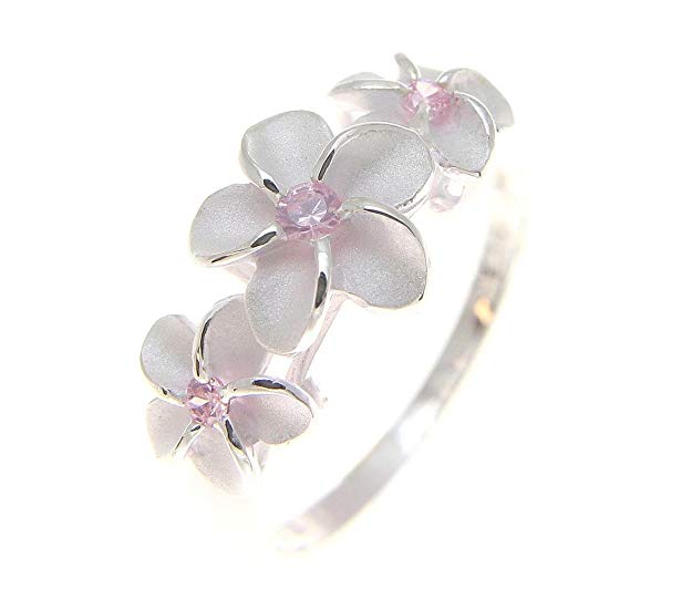 Arthur's Jewelry Sterling Silver 925 3 Hawaiian Plumeria Flower Ring Pink cz Size 3 to 10