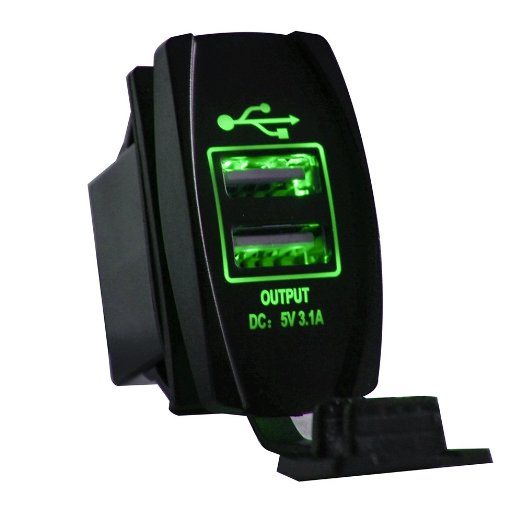 Mictuning Universal Rocker Style Car USB Charger - with Green LED Light Dual USB Power Socket for Rocker Switch Panel