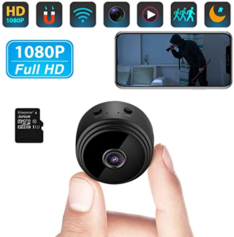 Mini Spy Camera WiFi 32G SD Card FHD 1080P Small Wireless Hidden Cameras with App Audio Video Night Vision Motion Detection for Home Indoor Car Security Nanny Surveillance Cam for iPhone Android
