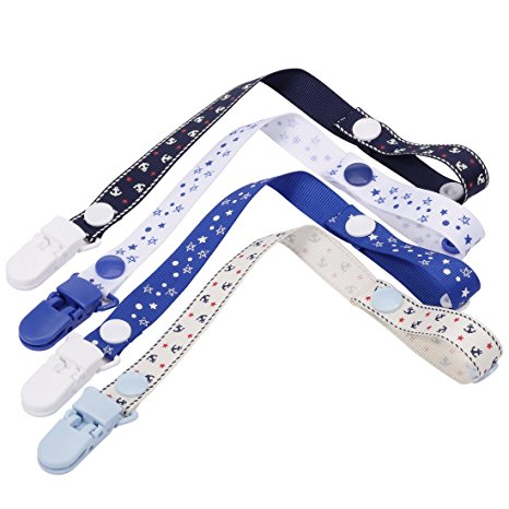 Kolamom Pacifier Clip Toys Holder 4 Pack Unisex for Boys for Girls One-Hand Adjustable 2 Plastic Snaps Baby Shower Gift Set (white)
