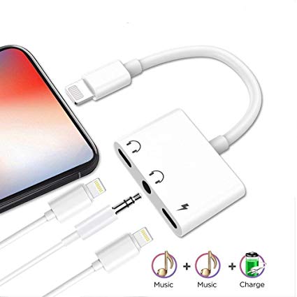 LYZZO Adapter and Splitter for iPhone 7/7 Plus/8/8 Plus/X, 3 in 1 Headphone Jack Audio & Charge Cable at The Same time Data Sync Call Function (White)
