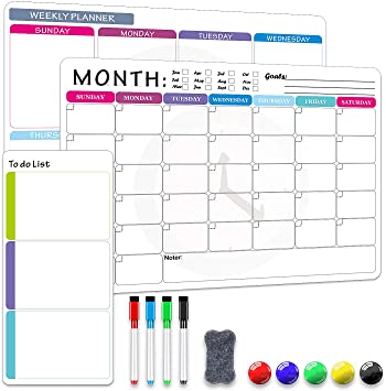 Magnetic Dry Erase Calendar Set of 3 Planner for Refrigerator, 17’’x 12’’ Monthly, Weekly planner & 12’’x 5.7’’ To Do List, Whiteboard Calendar Included 4 Fine-Tip Markers, Eraser & 5 Magnetic Buttons