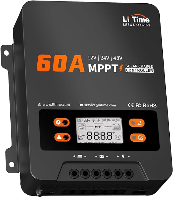 LiTime 60 Amp MPPT 12V/24V/48V Solar Charge Controller , DC Input Parameter Adjustable，LCD Display & LED Indicators(No Build-in Bluetooth)