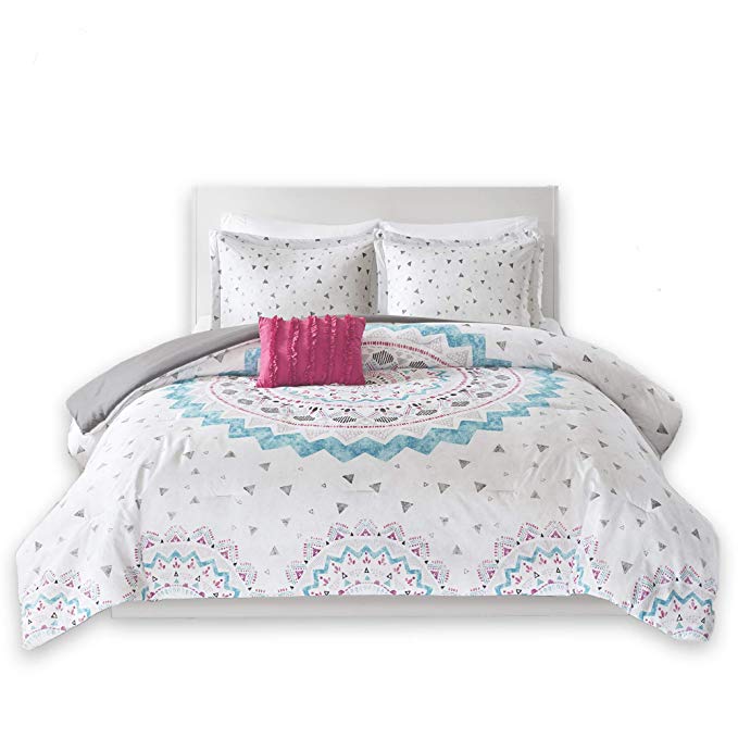 Comfort Spaces - Ari Comforter Set - 3 Piece - White/Pink/Teal/Blue - Printed Multi-Color Grandiose Medallion Design with Solid Grey Reverse - Twin/Twin XL - 1 Comforter, 1 Shams, 1 Decorative Pillow