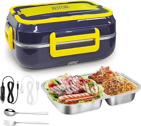 BESTORE Electric Lunch Box, 60w High-Power Portable Food Warmer Lunch Box For Car and Home, Heated Lunch Boxes For Adults with 1.5L Removable 304 Stainless Steel Container, Fork and Spoon