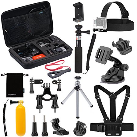 Luxebell 14-in-1 Accessories Kit for Gopro Hero 4 Session Black Silver Hero  Lcd 3  3 2 Camera and Sjcam Sj4000 Sj5000 - Selfie Stick / Head Strap / Chest Mount / Floating Grip / Tripod Stand