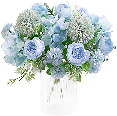 OHYGGE Artificial Flower Silk Peony Bouquets Hygrangea Carnations Flower Arrangement Centerpiece for Table Wedding Dining Room Home Decorations Set of 2, Blue