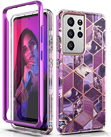 Hasaky Case for Samsung Galaxy S21 Ultra Case 5G 6.8 Inch,Dual Layer Hybrid Bumper Cute Women Marble Design Soft TPU Hard Back Heavy Duty Anti-Scratch Shockproof Protective Phone Case -Purple Marble.