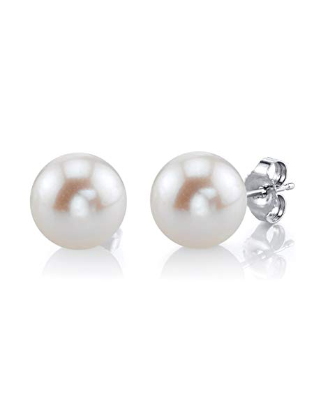THE PEARL SOURCE 14K Gold 9-10mm AAAA Quality Round White Freshwater Cultured Pearl Stud Earrings for Women