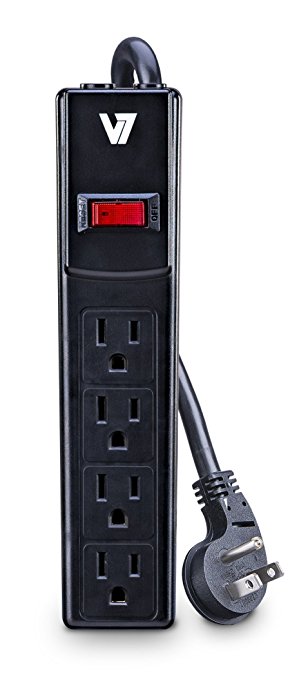 V7 SA0404B-8N6 Home/Office Surge Protector (4 Outlets, EMI-/RFI-Filter, Low profile wall plug, keyhole mounting, 450 joules, 3,9ft) black