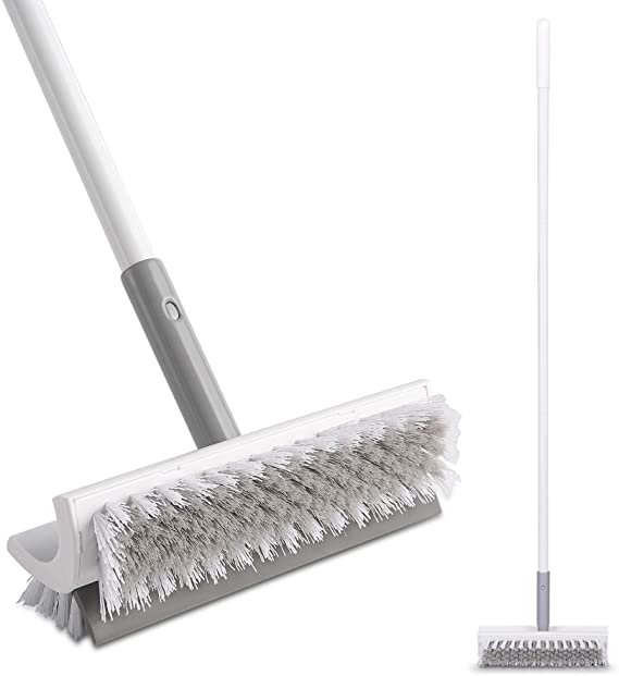 Eyliden Floor Scrub Brush with Long Handle and Squeegee -48",Cleaning Tool,Brush with bristles for Bathroom,Kitchen, Patio Garage, Deck Tile Marble Stone Wood Floors. (Dual Brush)