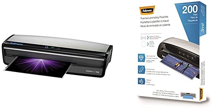 Fellowes Laminator Jupiter 2 125, Rapid 1 Minute Warm-up Laminating Machine, with Laminating Pouches Kit (5734101) & Thermal Laminating Pouches, Letter Size 9 x 11.5-Inches, 3 mil, 200 Pack (5743401)