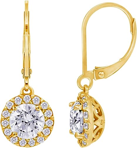 Amazon Collection Women's 10K Gold Infinite Elements Cubic Zirconia Clear Round Halo Lever back Earrings
