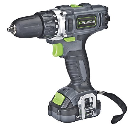 Genesis GLCD122P 12V Lithium-Ion 2-Gear Variable Speed Drill/Driver, Grey, 3/8-inch chuck with Trigger Activated LED light, Battery Charger and Flat/Phillips Head driver Bit