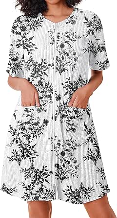 Ekouaer Women Zipper Robe Short Sleeves House Dress Knit Short Bathrobe Sleepwear with Pockets Housecoat Nightgown