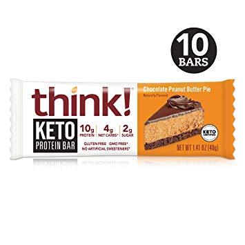 think! Keto Protein Bars - Chocolate Peanut Butter Pie, 10g Protein, 4g Net Carbs, 2g Sugar, No Artificial Sweeteners, Gluten Free, GMO Free, Keto Certified, 1.4 oz bar (10 Count)