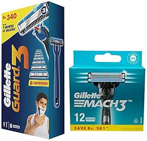 Gillette Mach 3 Manual Shaving Razor Blades (Cartridge) 12s pack & Gillette Guard 3 Single Razor with 8 Blades Pack