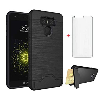 LG G6 Wallet Phone Case with Tempered Glass Screen Protector Credit Card Holder Slot Kickstand Women Girls Heavy Duty Slim Silicone Protective Cover for LGG6 G 6 Plus LG6 ThinQ G6  VS988 H871 Black