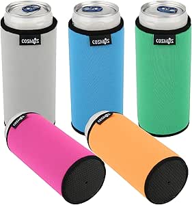 Cosmos Pack of 5 Non Skid Full Flat Bottom Neoprene 12 OZ Can Cooler Sleeves Can Insulated Cover for Soda, Beer & Water Bottles (For 12 oz Slim Can Size)