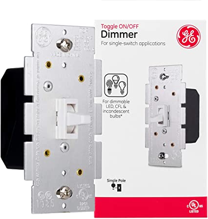 GE Light Switch Dimmer, Single Pole Toggle Dimmer, On/Off Dimmable Wall Switch, Dimmable LED, CFL, Incandescent Bulbs, UL Listed, White, 18025