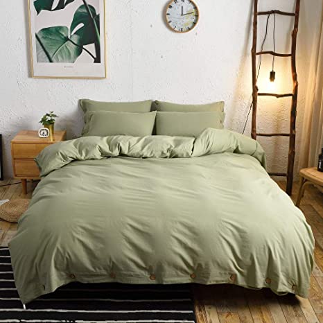 M&Meagle 3 Pieces Green Duvet Cover Queen,100% Washed Cotton Duvet Cover with Button Closure,Ultra Soft Natural Cotton Bedding Set-Queen Size(1 Duvet Cover 2 Pillowcases)