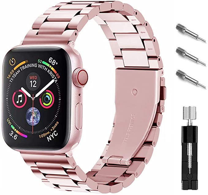 Ontube Bands Compatible with Apple Watch, Stainless Steel Link Bracelet Strap for Series SE/7/6/5/4/3/2/1 (38/40/41MM, Rose Pink)