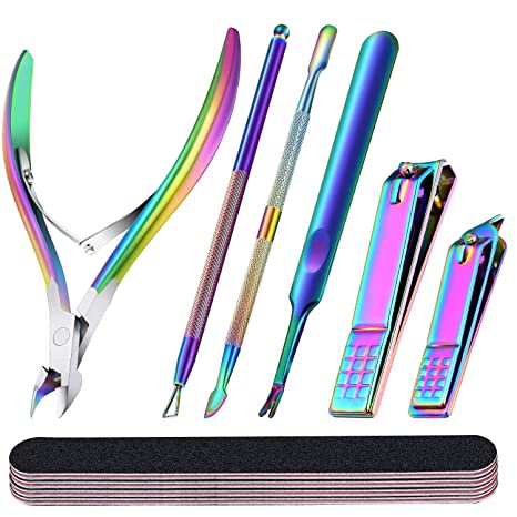 10 Pieces Nail Files Set, Cuticle Trimmer Pusher with Cuticle Peeler Scraper, Dead Skin Fork, Polishing Block, Nail Clipper for Nail Art Manicure Tools (Rainbow Color)