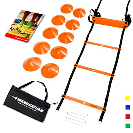 AGILITY LADDER and CONES. Great Training Equipment to Practice Speed Drills in Soccer, Football, Basketball & Sports. Set of 15ft Ladder, 10 Markers, Pegs, Bag & Exercise Ebook