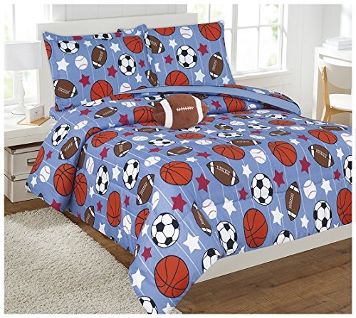 Elegant Home Multicolor Sports Football Basketball Baseball Soccer Design Reversible 8 Piece Comforter Bedding Set for Boys /Kids Bed In a Bag With Sheet Set & Decorative TOY Pillow # Game Day (Full)