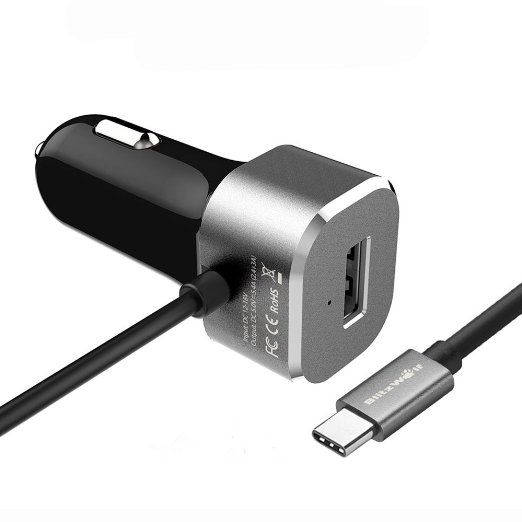USB Type C Car Charger, BlitzWolf 27W 5V/3A Type-C Port Attached Cable   5V/2.4A USB Quick Charger for Nokia N1 tablet, Google Chromebook Pixel, Google LG Nexus 6P, Apple Macbook (Grey)