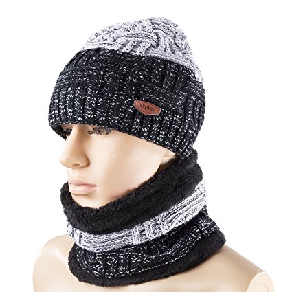 Winter Warm Beanie Knitting Hat Scarf Neck Warmer Set for Men and Women, Warm Fleece Lined Wool Baggy Slouchy Thick Ski Skull Cap by REDESS