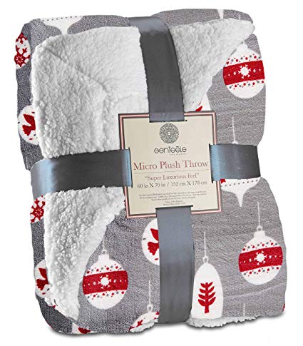 Genteele Sherpa Throw Blanket Super Soft Reversible Ultra Luxurious Plush Blanket, Special Christmas Edition (60 inches x 70 inches, Gray Ornaments)