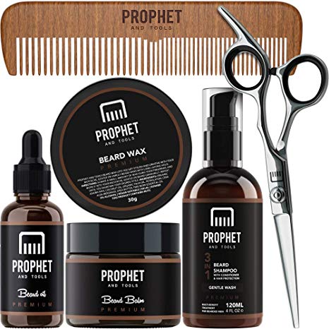 PROPHET AND TOOLS Premium Gold Beard Grooming Essentials Packed with Beard Growth Oil, Beard Balm, Mustache Wax, Beard Shampoo & Conditioner, Sharp Scissors, and wooden comb - Best Kit for Men