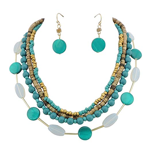 COIRIS 4 Multi Strand Beaded Statement Necklace Earrings for Women 17.5" Collar Necklace Set (N0048Teal)