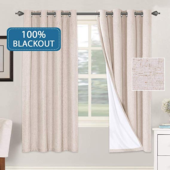 Primitive Linen Curtains 100% Blackout Curtain Drapes Burlap Fabric Curtains with White Thermal Insulated Liner, Grommet Top Curtains Living Room/Bedroom (2 Panels, 52 x 72 Inch, Natural)