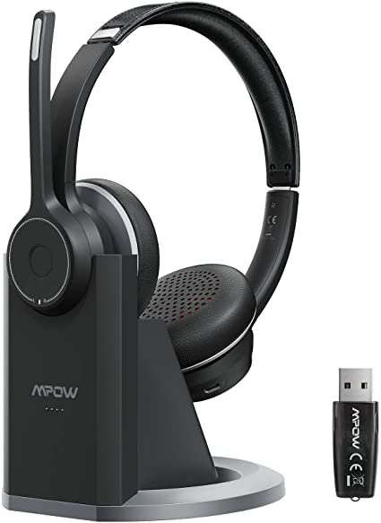 Mpow HC5 Pro Bluetooth 5.0 Headset with Charge Base, Wireless PC Headphones with USB Adapter, Dual CVC 8.0 Noise-Cancelling Microphone Headset for Cellphone, Office, Call Center, Skype, Zoom