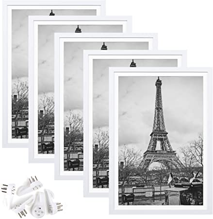 upsimples 13x19 Picture Frame Set of 5,Display Pictures 11x17 with Mat or 13x19 Without Mat,Wall Gallery Photo Frames,White