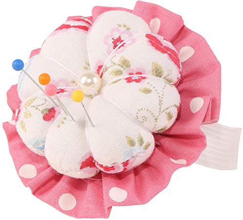 Neoviva Fabric Coated Fully Padded Pin Cushion with Wrist Wearable Band for Handy Needlework, Style Flower Blossom, Pack of 2, Floral Prism Pink Polka Dot