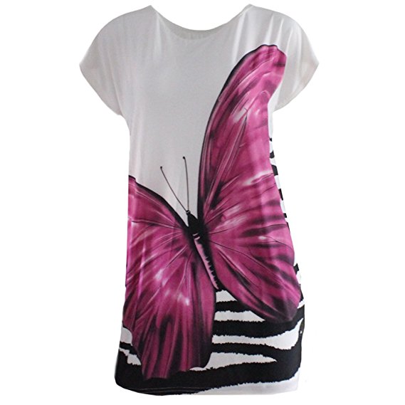 Women Summer Ice Silk Short Sleeve Loose Fit Butterfly Print Tunic T-shirts Tops