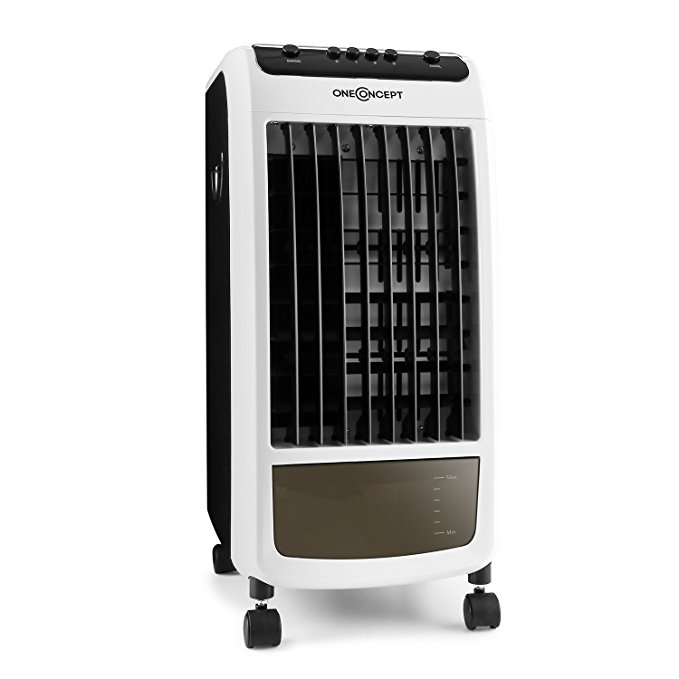 oneConcept Caribbean Blue 3-in-1 Combination Device • Air Cooler • Fan • Air Freshener • 70W • Fan with 3 Speed Levels • Moves up to 400m³ Air in One Hour • Environmental Friendly • Air Cooling by Water Evaporation • 6 Funtion Keys • Black/White